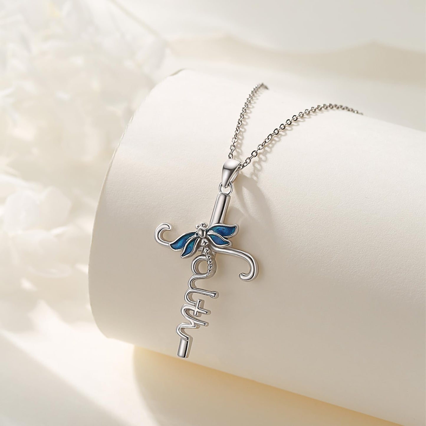 YEESIA Dragonfly Necklace for Women 925 Sterling Silver Faith Cross Necklaces Dragonfly Cross Pendant Religious Jewelry Graduation Birthday Gifts for Women