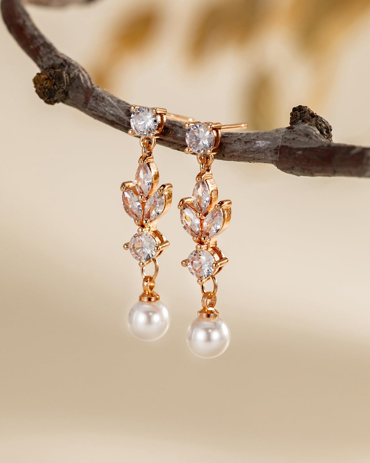 PRTGL Pearl Earrings: 14k Rose Gold Plated Cubic Zirconia Accented Pearl Dangle Wedding Engagement Earrings For Women Bridal Bridesmaid (Leaf Designed)