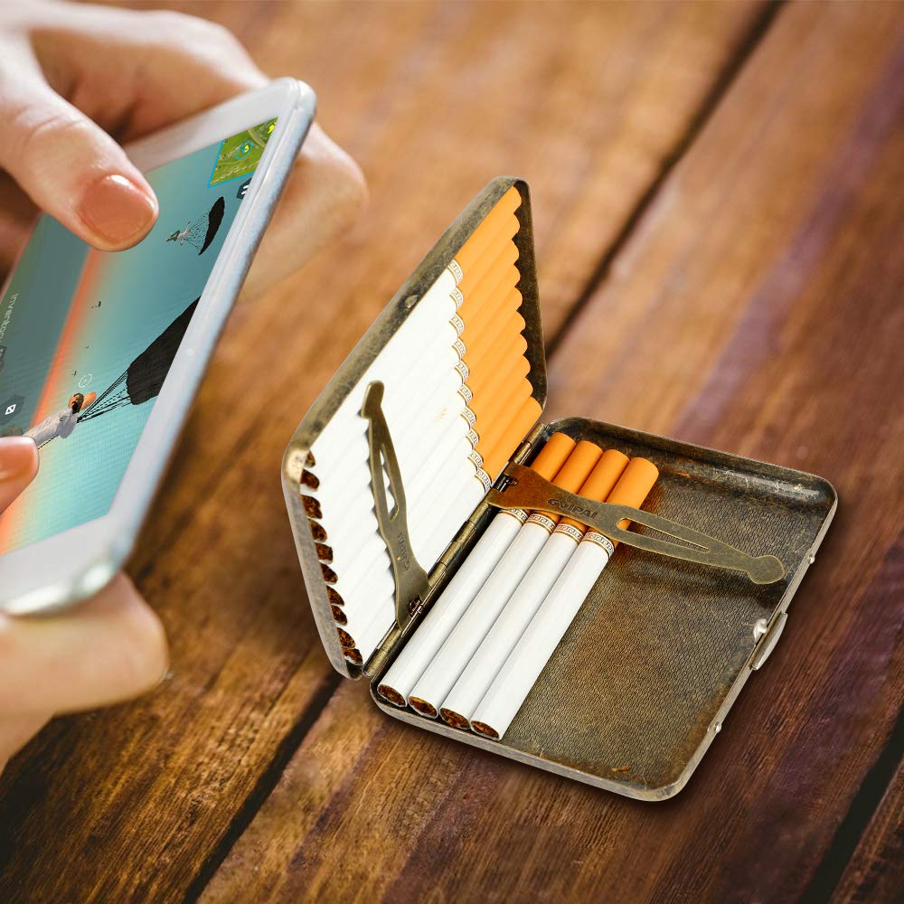 YHOUSE Cigarette Case - Retro Metal Cigarette Box Double Sided Spring Clip Open Pocket Holder for 20 Cigarettes (Golden)