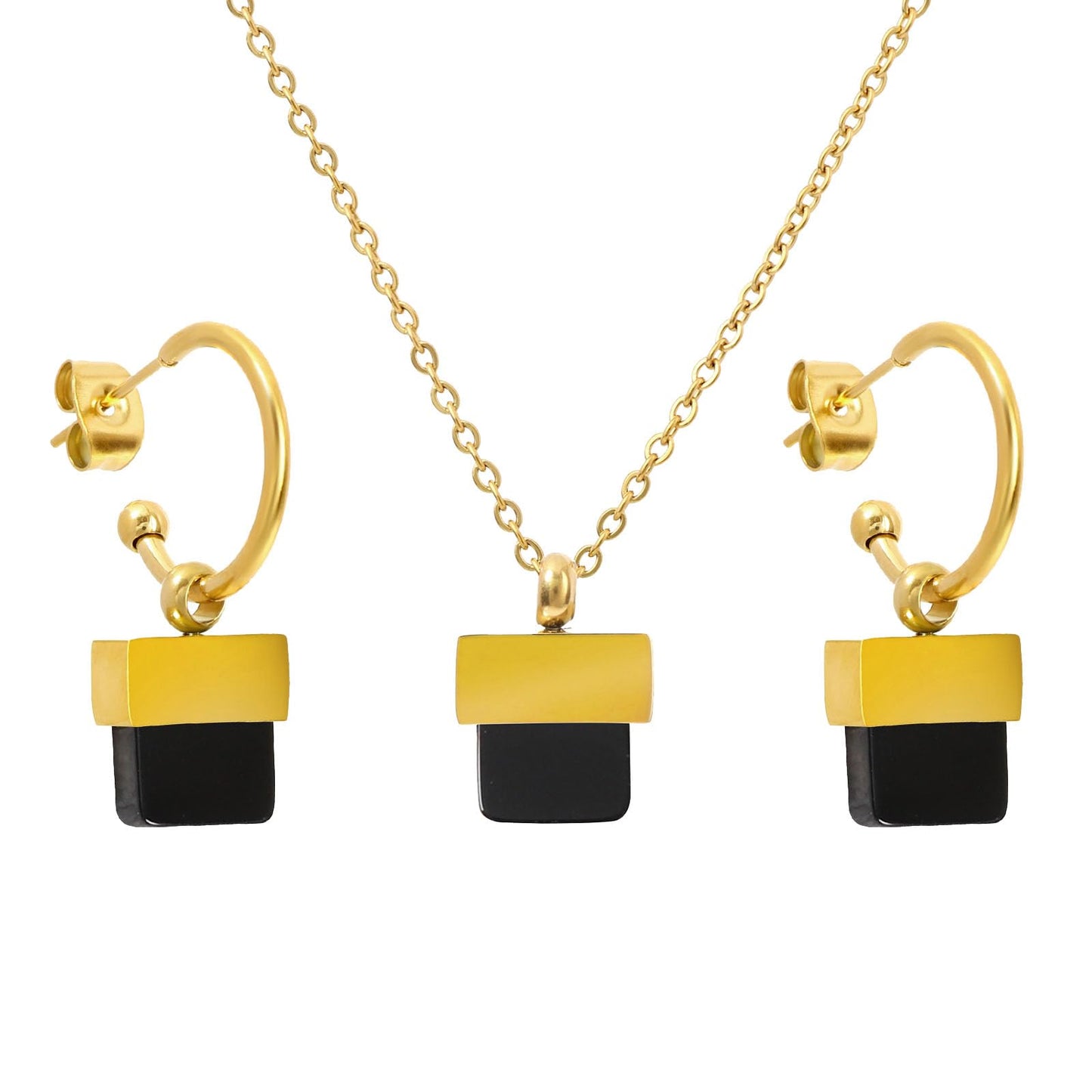 TaYolnFaSo Natural Black Agate Necklace and Earrings Set for Women 18K Gold Plated Black Onyx Jewelry Set Square Gemstone Jewelry Gift