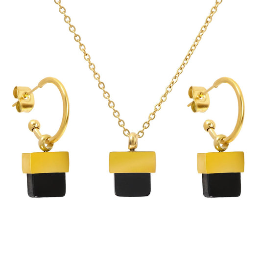 TaYolnFaSo Natural Black Agate Necklace and Earrings Set for Women 18K Gold Plated Black Onyx Jewelry Set Square Gemstone Jewelry Gift