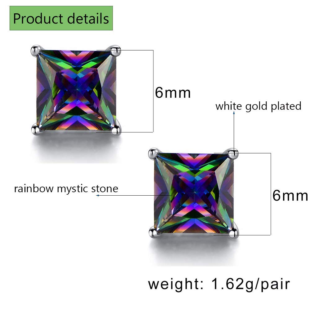 Mens Earrings 18K White Gold Plated Rainbow Quartz CZ 6mm Square Ear Pierced Gemstone Vintage Sparkle Studs Earings for Women Hypoallergenic Jewelry Birthday Valentines Gifts
