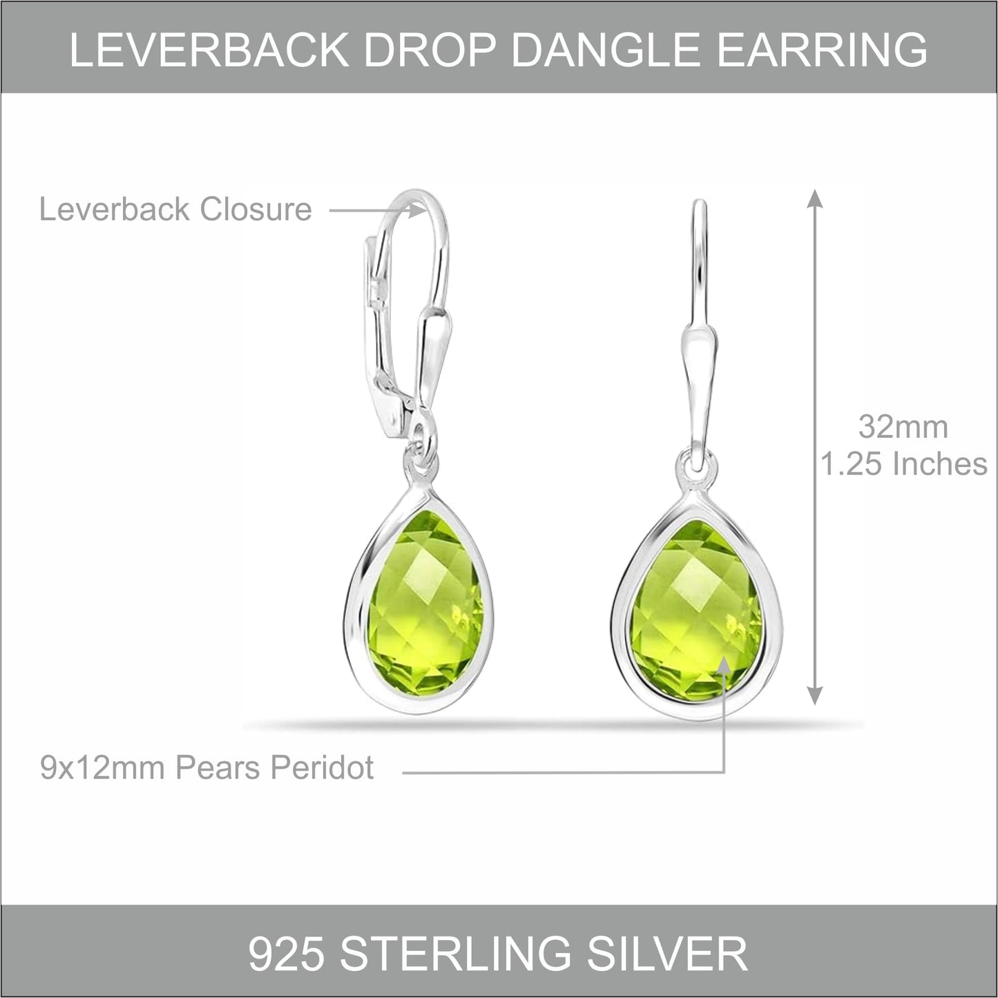 LeCalla 925 Sterling Silver Jewelry | Teardrop Peridot Gemstone Leverback Earrings | Peridot Drop Earrings for Women 32MM