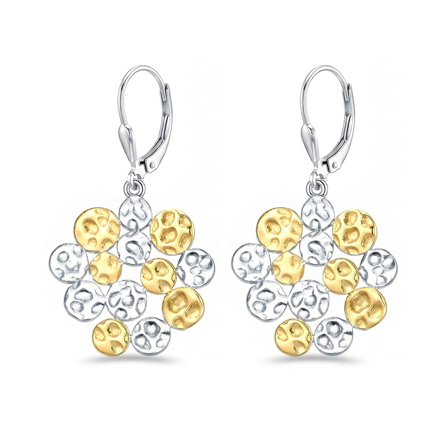 LeCalla 925 Sterling Silver Hammered Earrings for Women | Two-Tone Hammered Disc Cluster Drop Earrings | Gold & Silver Finish Leverback Earring | Textured Jewelry for Everyday & Party Wear 37MM