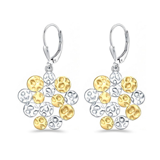 LeCalla 925 Sterling Silver Hammered Earrings for Women | Two-Tone Hammered Disc Cluster Drop Earrings | Gold & Silver Finish Leverback Earring | Textured Jewelry for Everyday & Party Wear 37MM