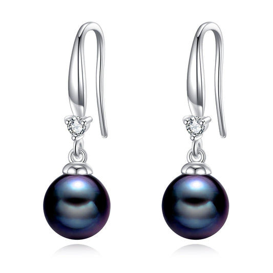 925 Sterling Silver Pearl Leverback Earrings Dangle Drop Birthstone Jewelry Gifts for Women (Black Pearl-August)