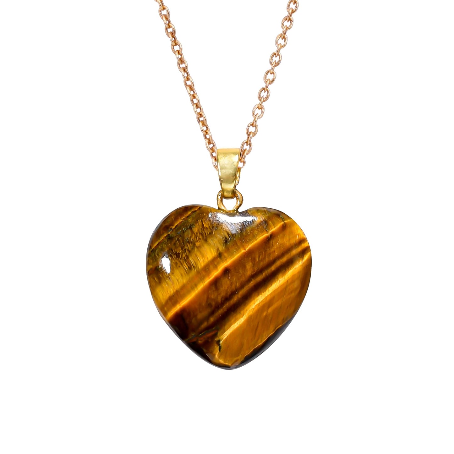 Yashee Tiger Eye Gemstone Heart Shape Pendant Necklace, Natural Cabochon, Women Jewelry, Energy Healing Crystals, Calm Chakra, Birthstone, Gift for Women, Gold Plated Jewelry 18 inch, AA+ Quality