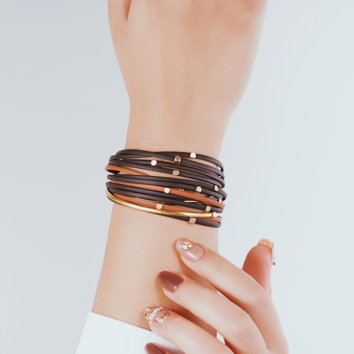 Becklynn Boho Leather Wrap Bracelets Beaded Crystal Stackable Cuff Bracelet with Magnetic Clasp Cowboy Cowgirl County Concert Outfits Western Jewelry Gifts for Women(Beaded Brown)
