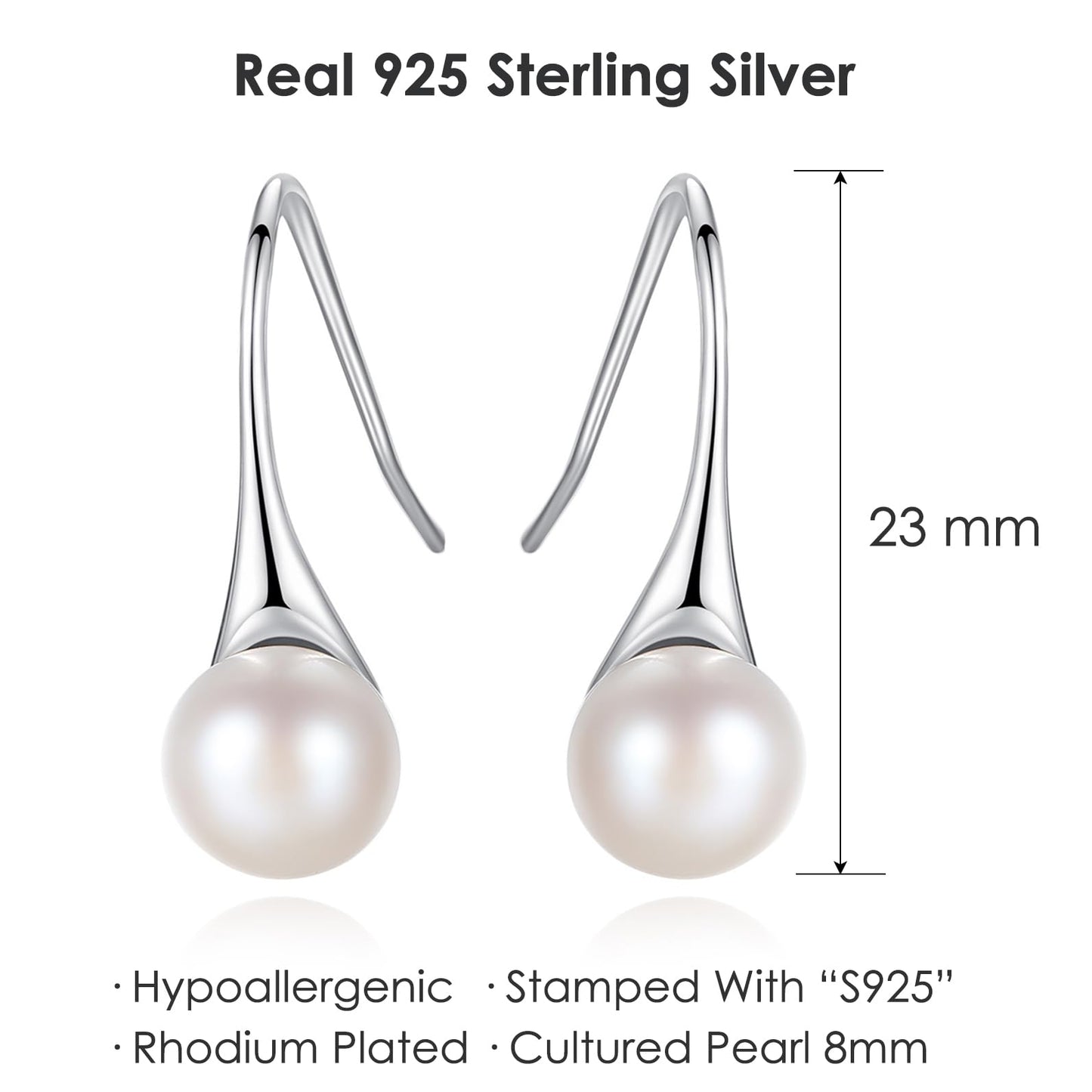 925 Sterling Silver Freshwater Cultured Pearl Dangle Drop Earrings for Women AAA+ Quality 8mm Black Pearl Women's Earrings