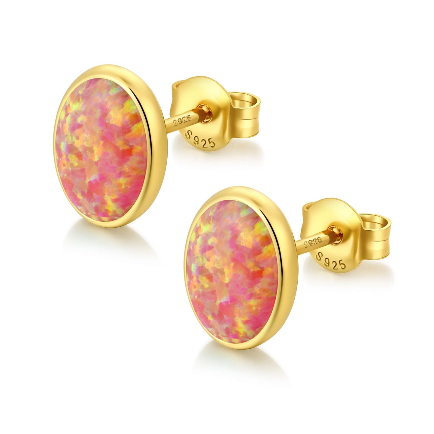 JiayangJY Silver Red Fire Opal Stud Earrings for Women 18K Yellow Gold Plated Sterling Silver Oval Shape 5mm Opal Earrings with Push Back