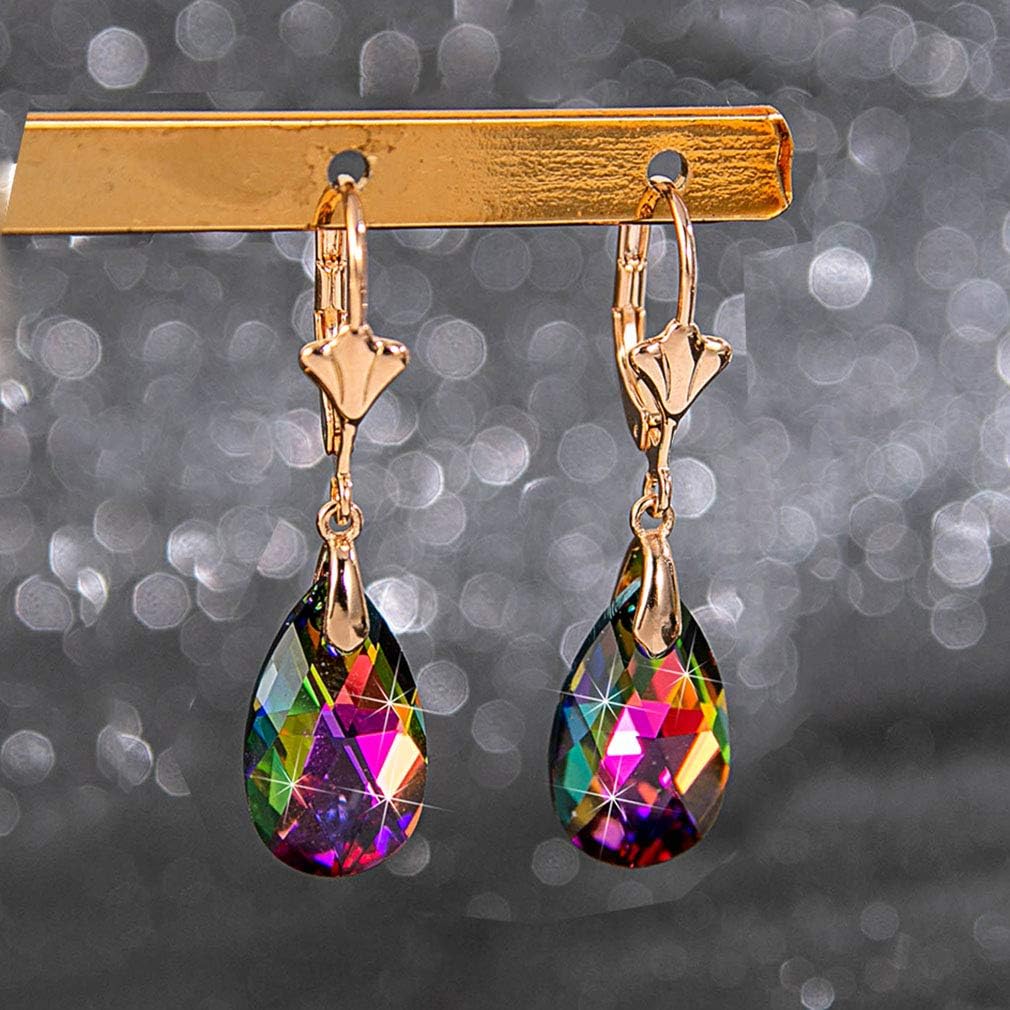 Austrian Crystal Teardrop Leverback Dangle Earrings for Women Fashion 14K Gold Plated Hypoallergenic Jewelry (Vitrail Medium)