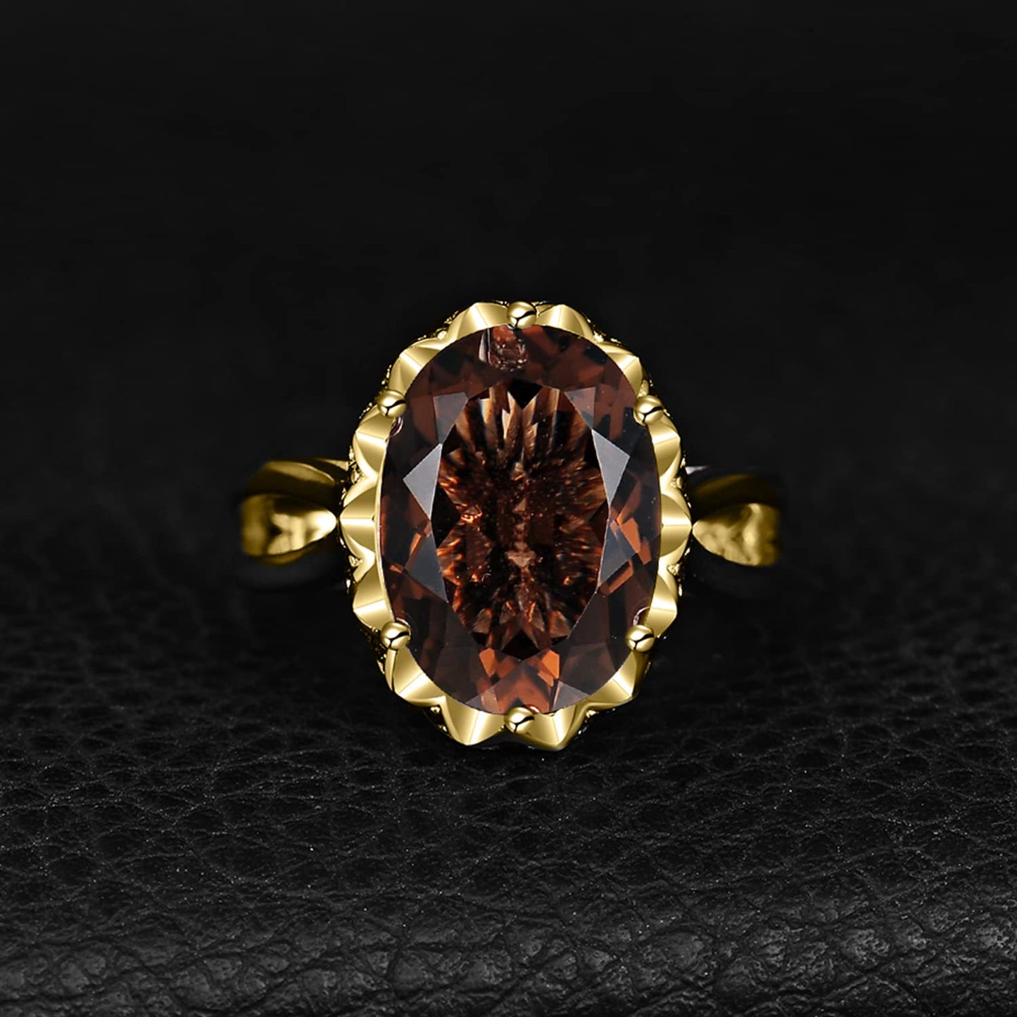 JewelryPalace Huge Oval Shape 5.7ct Genuine Smoky Quartz Cocktail Rings for Her, 14K Yellow Gold Plated 925 Sterling Silver Ring for Women, Natural Gemstone Jewelry Sets Rings 9