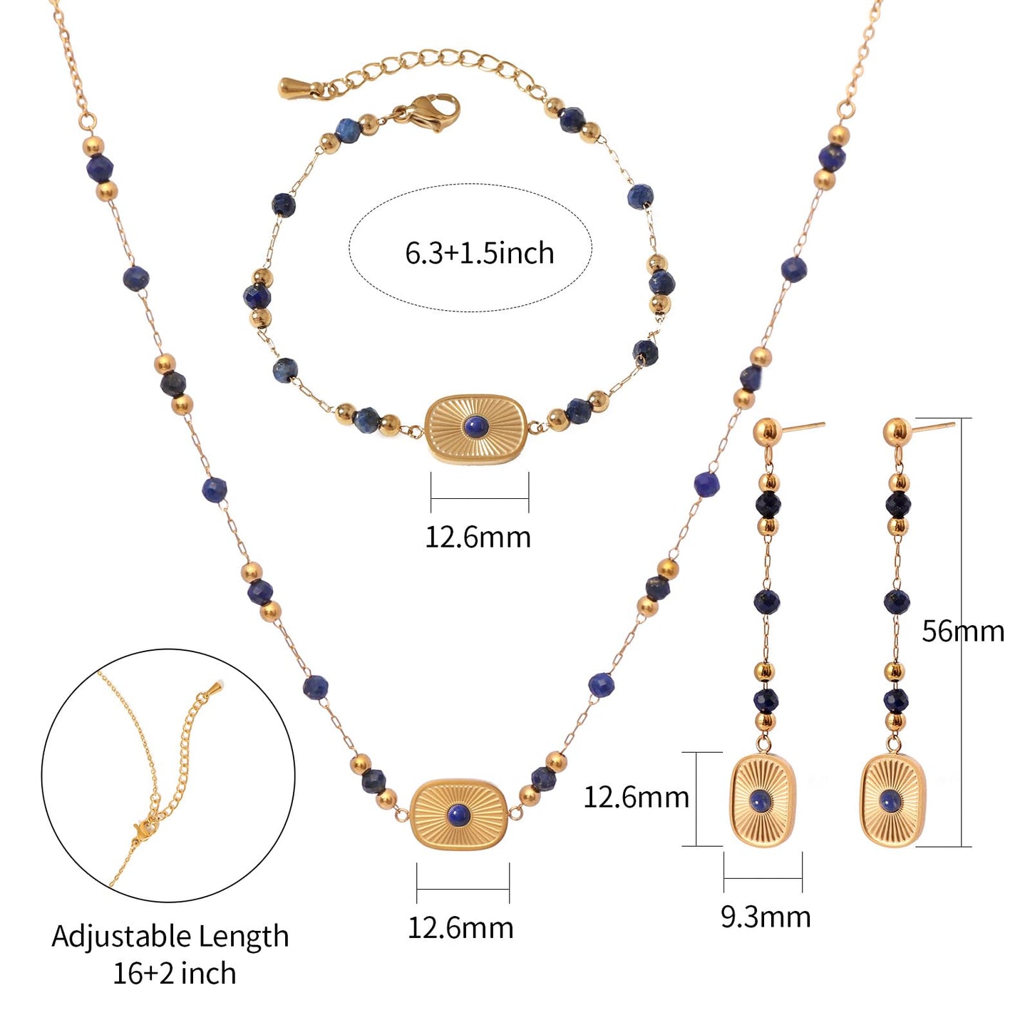TaYolnFaSo Natural Lapis Lazuli Jewelry Set for Women 18K Gold Plated Sun Disk Lapis Lazuli Necklace Earrings Bracelet Set Gift for Mother