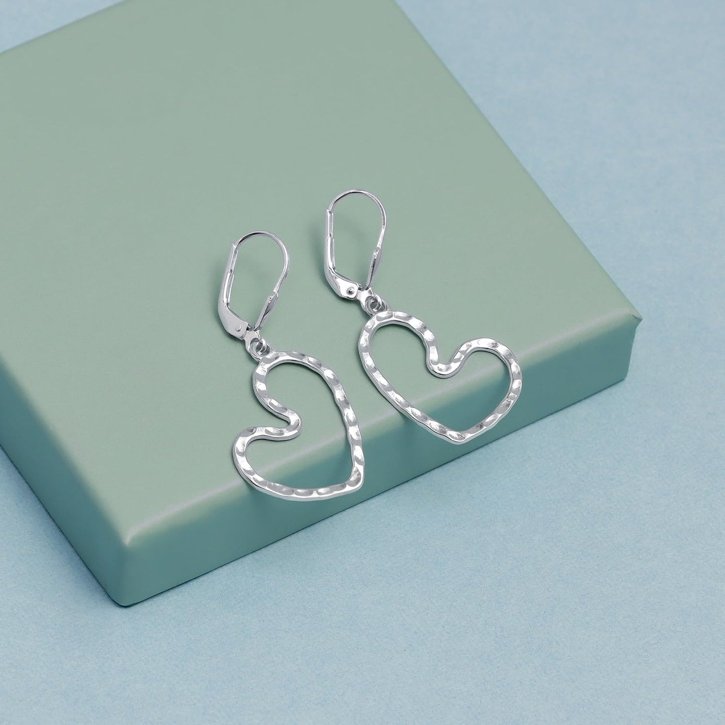 LeCalla 925 Sterling Silver Heart Dangle Earrings for Women | Hammered Silver Open Heart Earring | Romantic Hammered Textured Leverback Dangle Drop Earrings Jewelry 40MM
