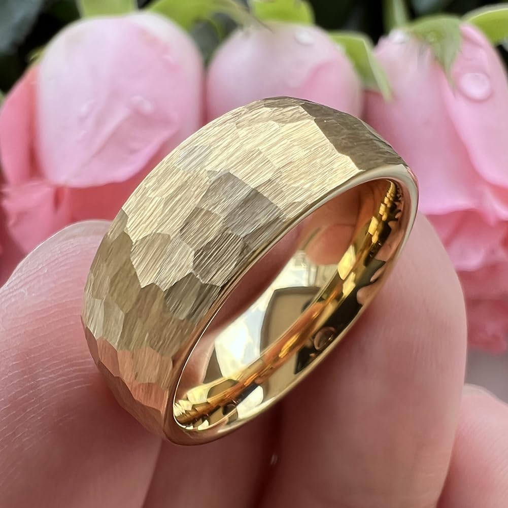 TUTISS 8mm Gold Hammered Tungsten Rings for Men Women Engagement Wedding Bands Domed Matte Finish Comfort Fit Size 6
