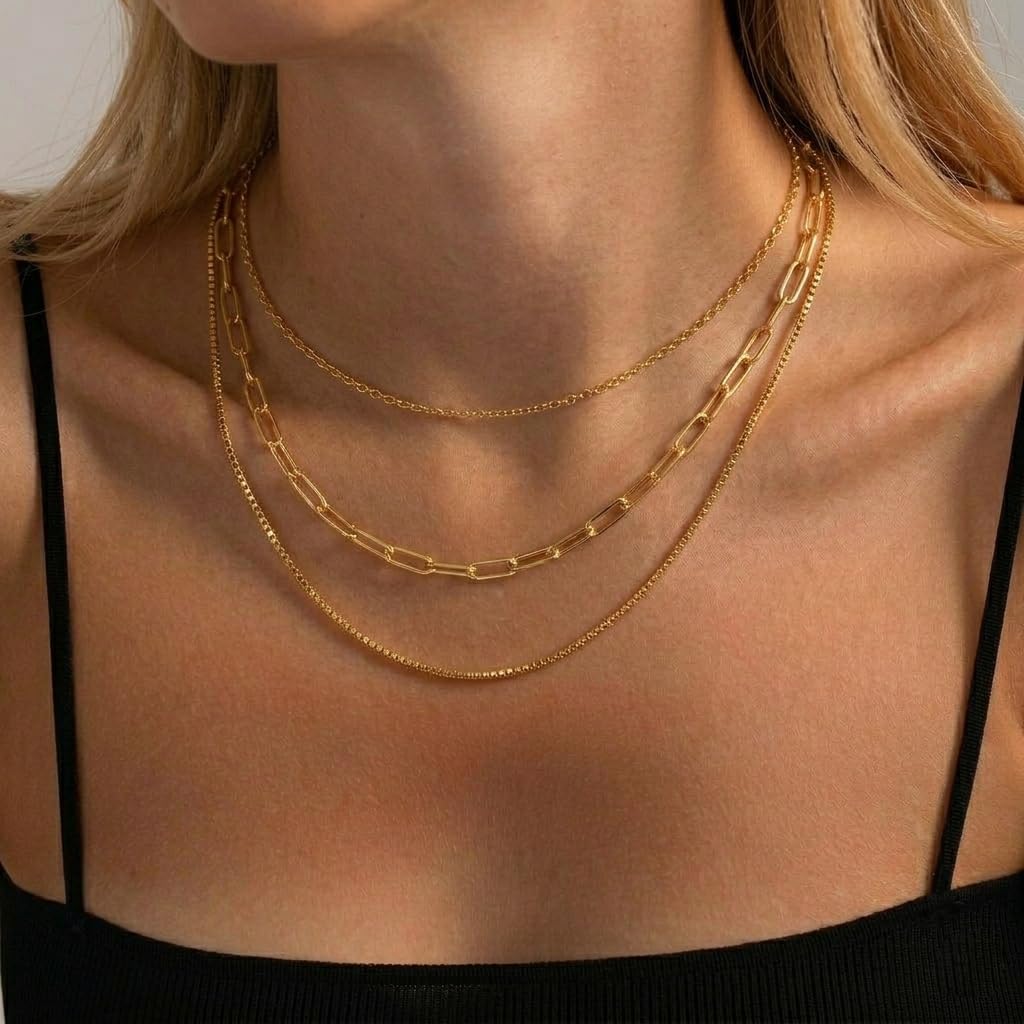 Freekiss Gold Layered Necklaces for Women,Gold Paperclip Link Thin 14k Gold Box Chain Necklace,Layering Necklaces Gold Jewelry Gift for Women
