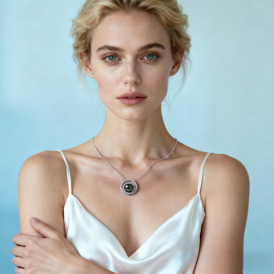 Natural Tahitian Black Pearl Necklace - Christmas Gift for Women Wife Mom Daughter, Jewelry Gifts for Wedding Anniversary Birthday, 9-10mm Seawater Pearl with Sterling Silver Moissanite Circle Pendant