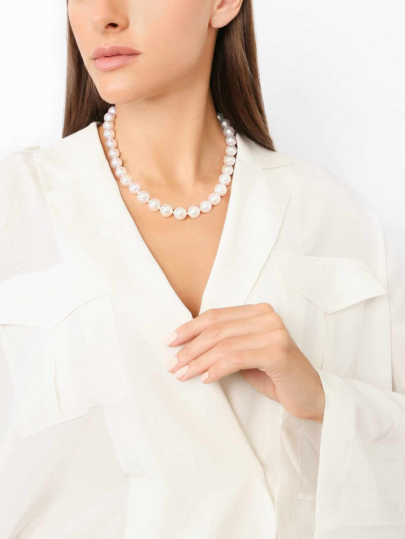HUWODY Round White Simulated Shell Pearl Necklace Strand Pearl Choker Necklace Jewelry for Women 12mm 18inch