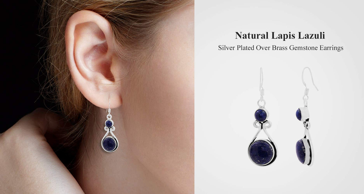 Natural Lapis Lazuli Silver Plated Dangle Earrings for Women - September Birthstone Round Gemstones Drop Earrings Handmade Jewelry - New Year Gift for Her