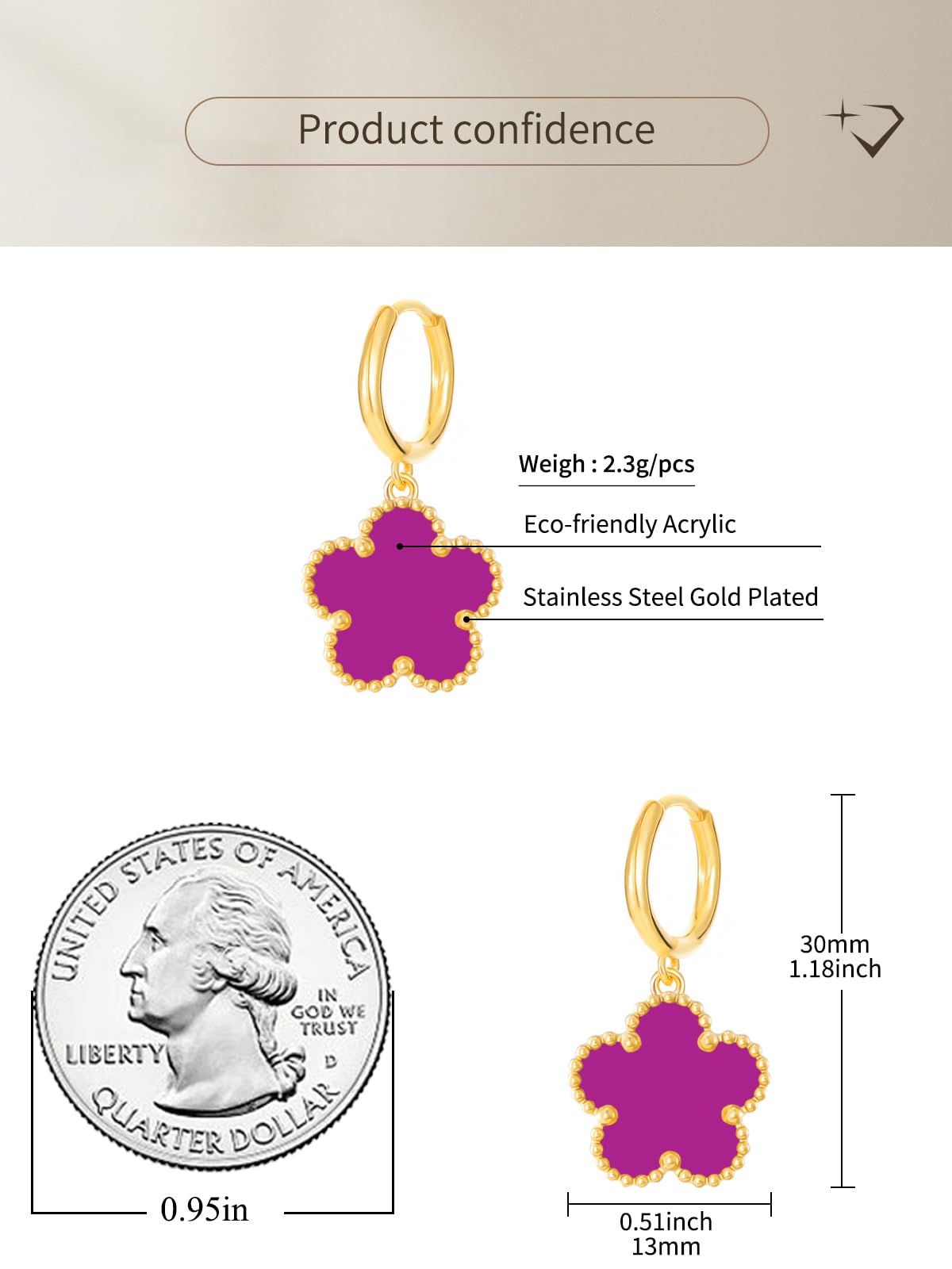 Gold Plated Five Leaf Clover Dangle Dot Earrings for Women Lucky Flower Jewelry (Purple-14K Gold Plated)