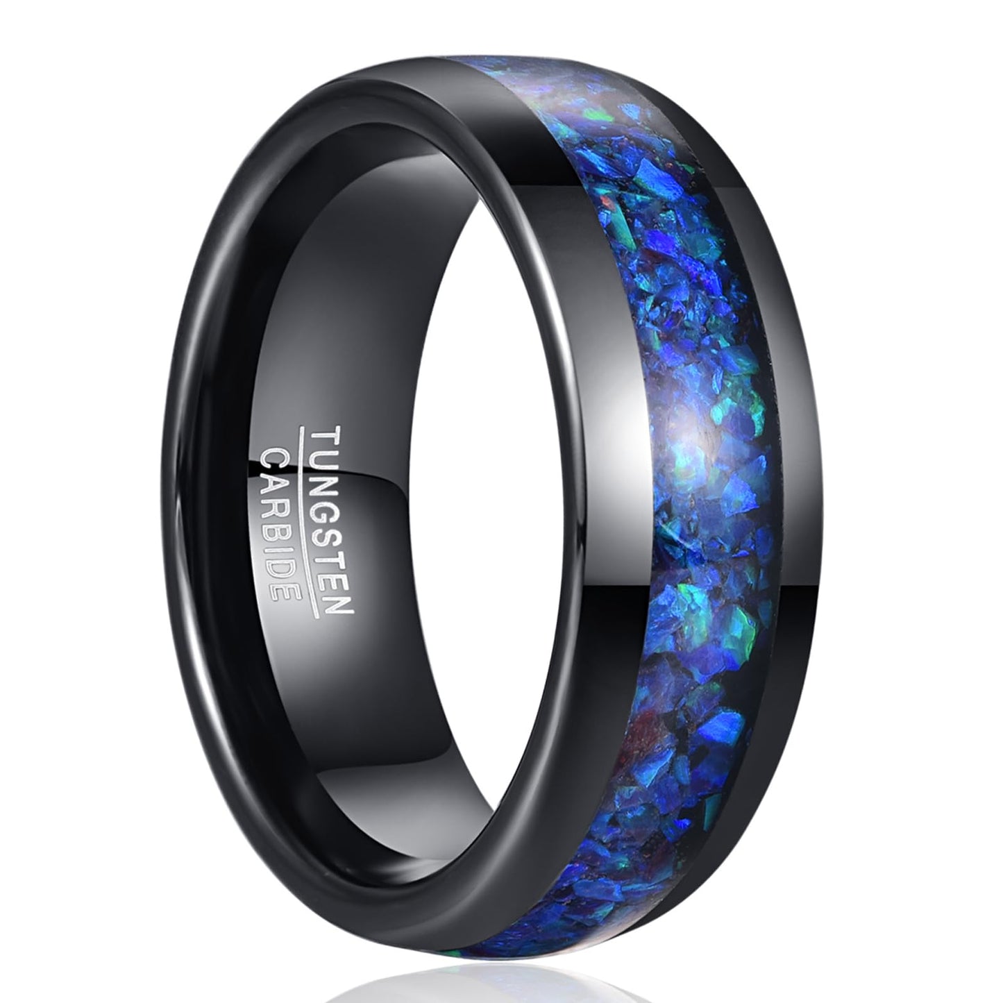 NUNCAD Black Wedding Ring Men Tungsten Blue Opal Ring Wedding Band Dome Polished Finish Comfort fit 8mm Sizes 8