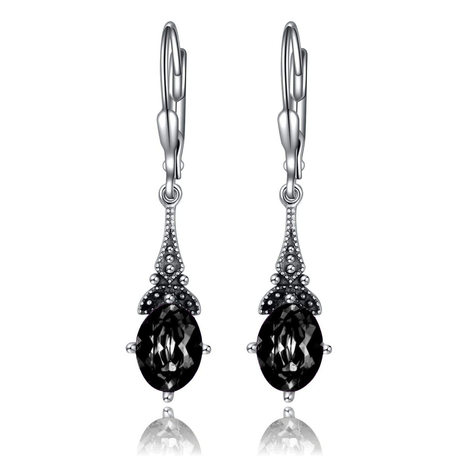 Vintage Gothic Black Earrings for Women Sterling Silver Retro Leverback Drop Dangle Earrings with Jet Black Oval Crystal from Austria, Birthday Jewelry Gifts for Women