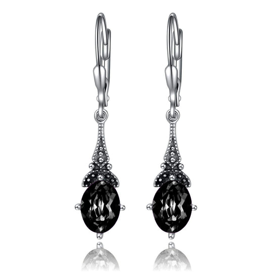Vintage Gothic Black Earrings for Women Sterling Silver Retro Leverback Drop Dangle Earrings with Jet Black Oval Crystal from Austria, Birthday Jewelry Gifts for Women