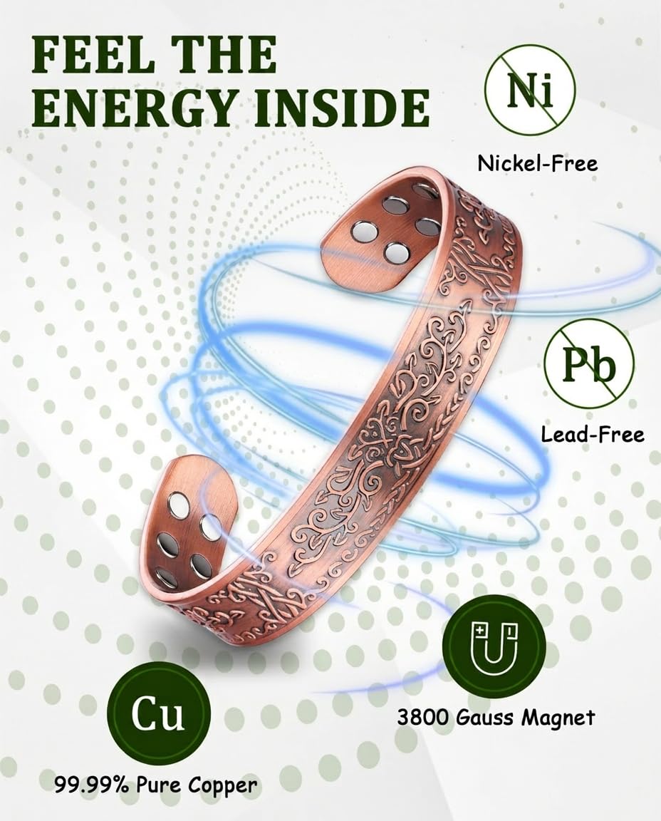 MagEnergy Copper Bracelet for Men, 18X Strength Magnetic Bracelet with 3800 Gauss Magnets, 99.99% Pure Solid Copper, Men's Jewelry Gift (Copper-Tree of Love)