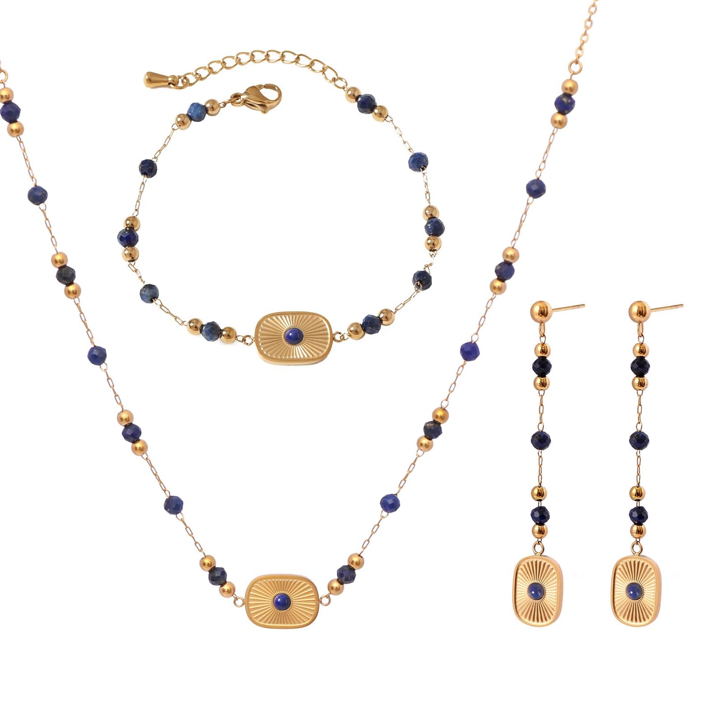 TaYolnFaSo Natural Lapis Lazuli Jewelry Set for Women 18K Gold Plated Sun Disk Lapis Lazuli Necklace Earrings Bracelet Set Gift for Mother
