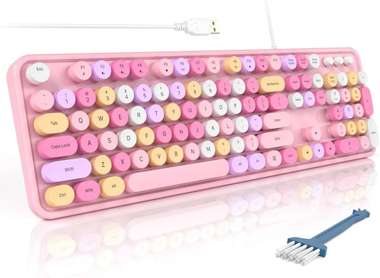 MOFII Wired Full Size USB Keyboard, Colorful Retro Round Typewriter Keyboard with Foldable Stands for Windows PC Laptop