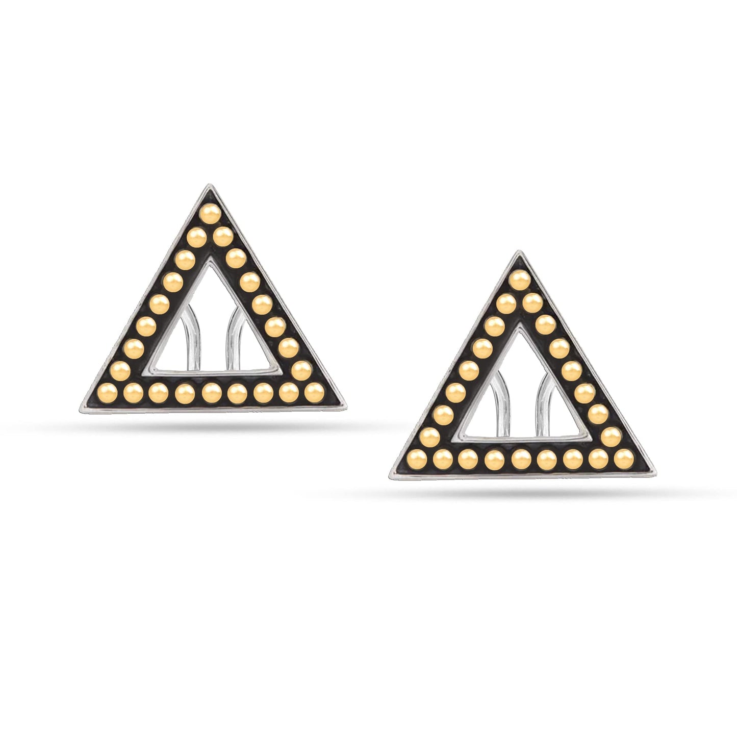 LeCalla 925 Sterling Silver Omega Back Earrings Jewelry Antique Beaded Two-Tone Triangle Omega Back Clip-On Large Stud Earrings for Women 17 MM