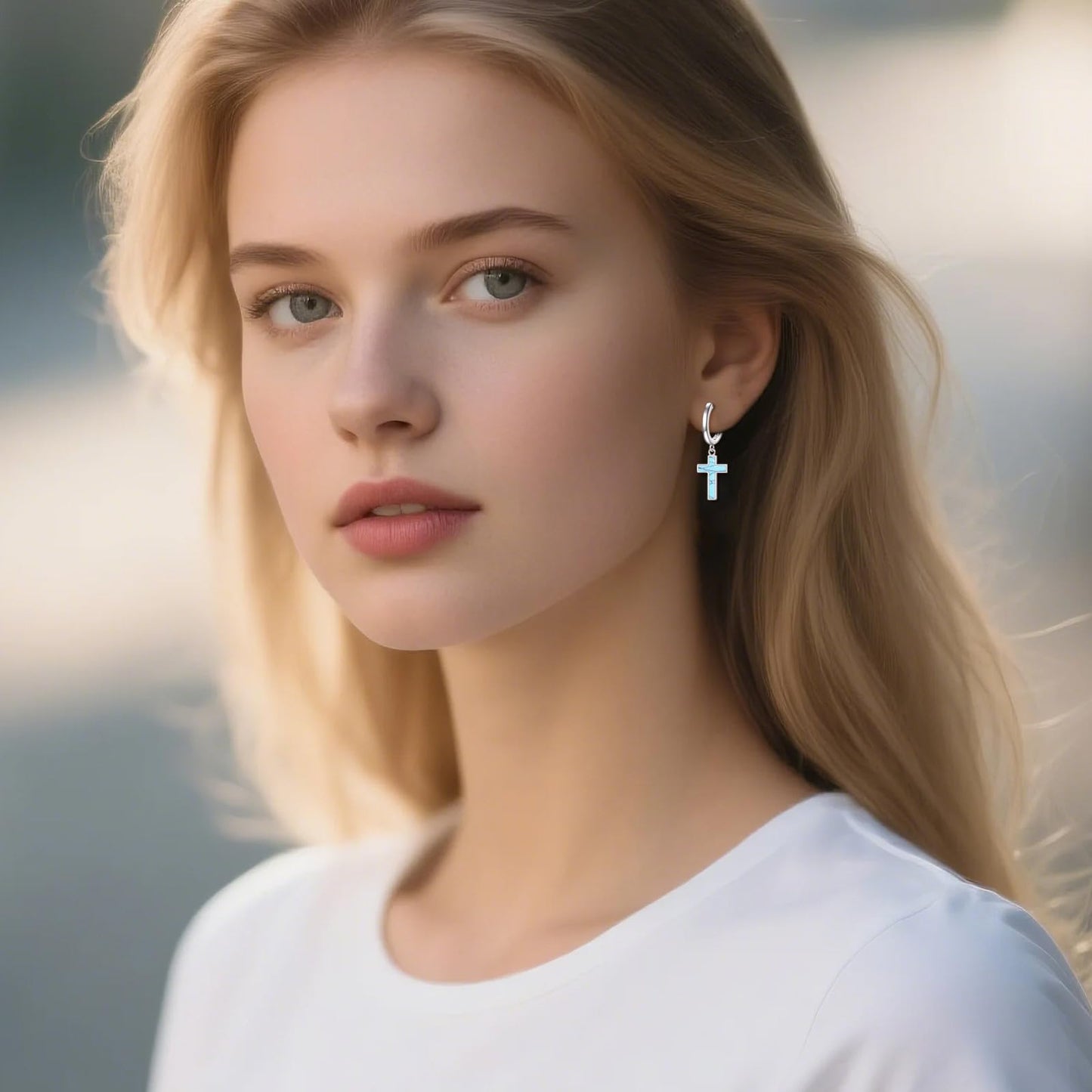 Sterling Silver Hanging Cross Earrings Turquoise Cross Dangle Drop Hoop Earrings for Women Men Religious Jewelry Gifts
