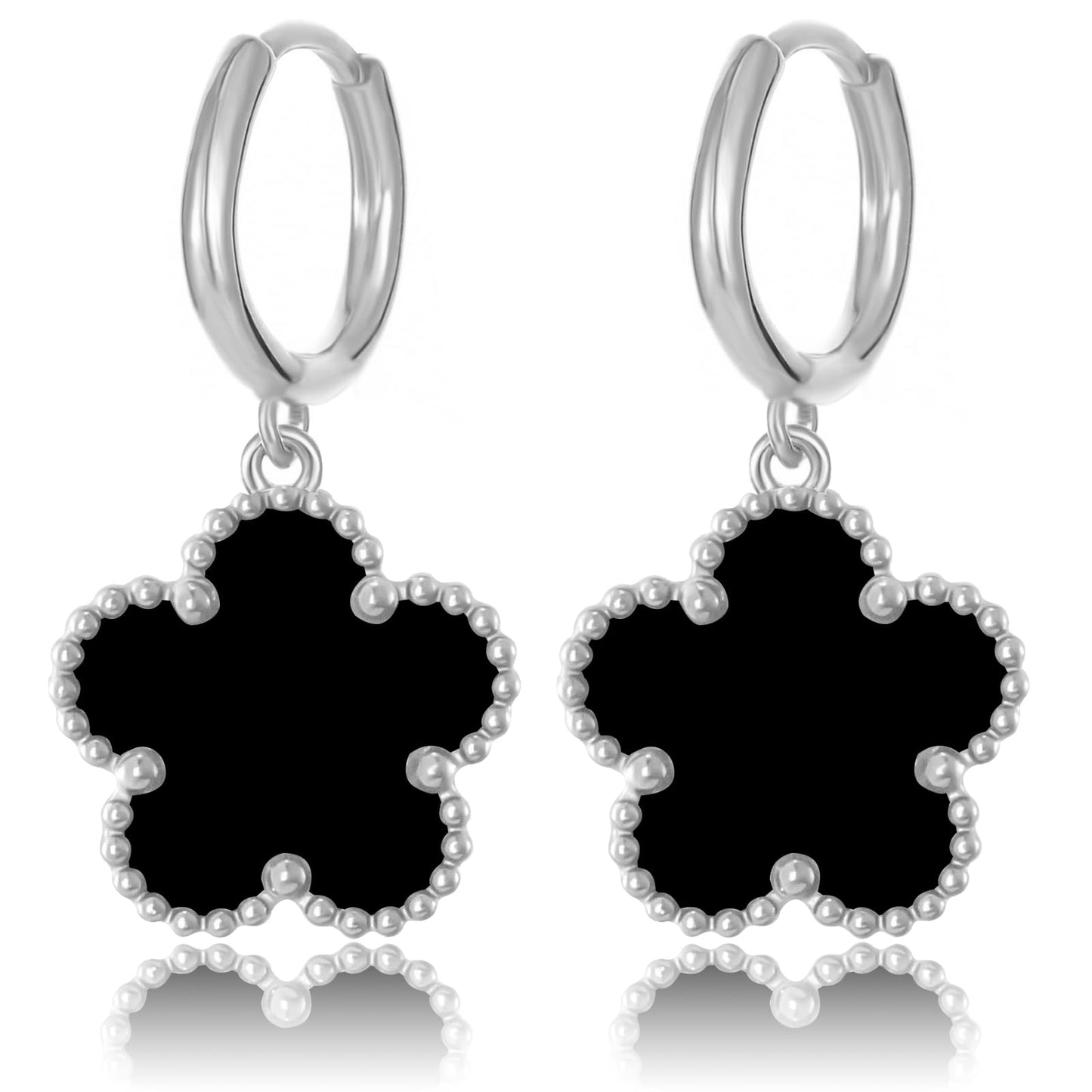 Gold Plated Five Leaf Clover Dangle Earrings for Women Lucky Flower Jewelry (Black-White Gold Plated)