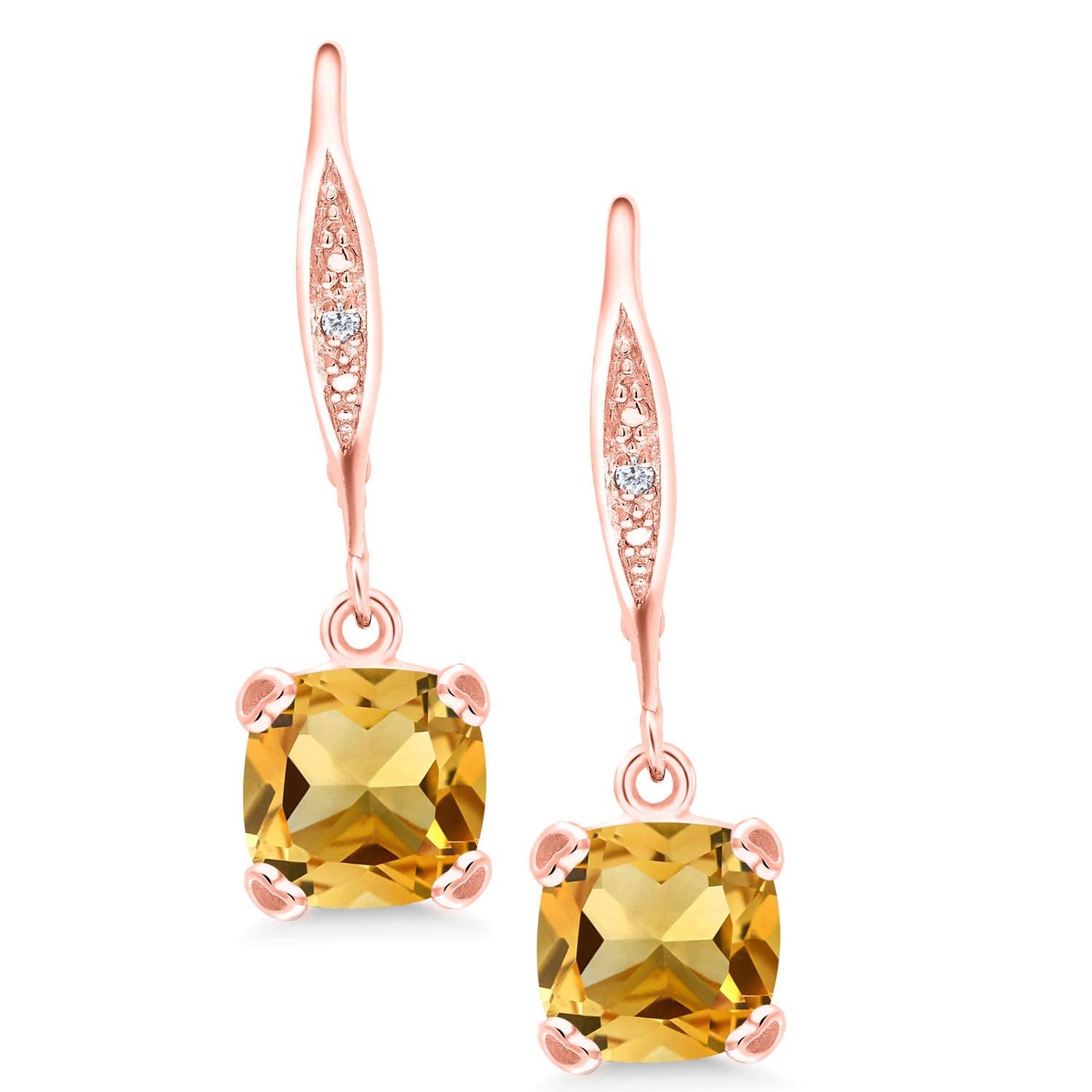 Gem Stone King Drop Dangle Earrings For Women | 7MM Cushion Cut Gemstone Birthstone and Diamond | 925 Sterling Silver | Jewelry Gift for Mom Wife Her | Citrine-November | Rose Gold