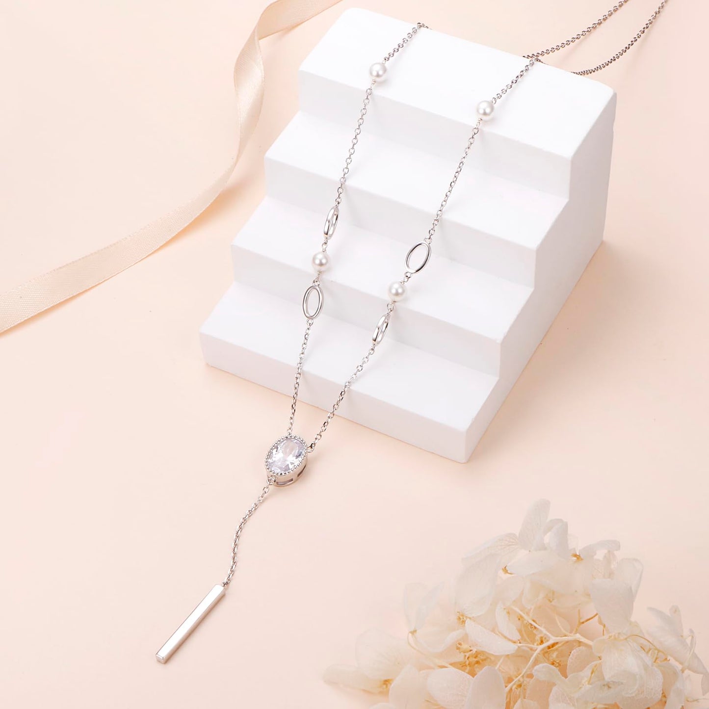Oval Bar Bead Long Chain Sweater Necklace for Women S925 Sterling Silver Long Chain Oval Cubic Zirconia Synthetic Pearl Beads Large Pendant Sweater Y-Necklace for Women 26+2 inches