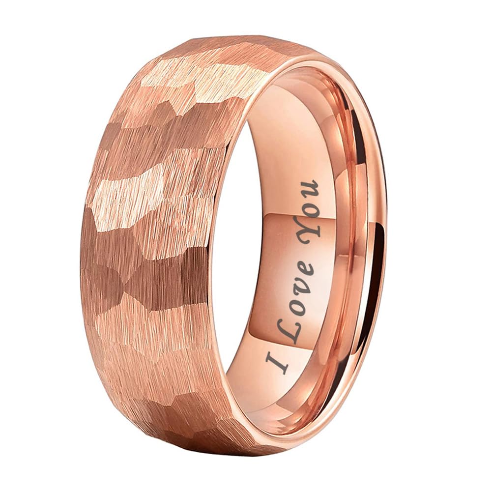 TUTISS 8mm Rose Gold Hammered Tungsten Rings for Men Women Engagement Wedding Bands Domed I Love You Engraved Comfort Fit Size 7