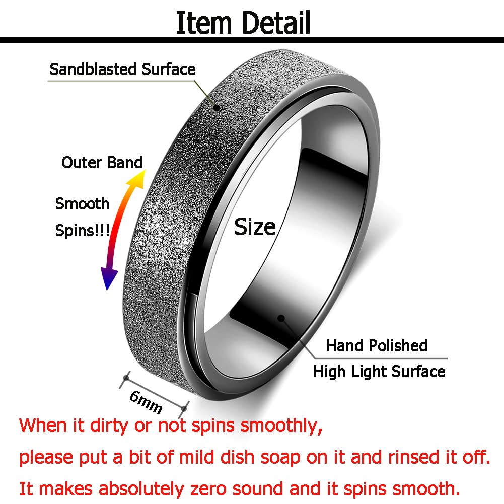 Anxiety Ring for Women Fidget Spinner Ring Fidget Toys Adults Titanium Stainless Steel Thumb Ring 6mm Wide Black Size 8