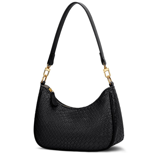 KKXIU Woven Shoulder Bag for Women Cute Hobo and Tote Handbags Retro Clutch Underarm Purse with 2 Removable Straps (B-Black)