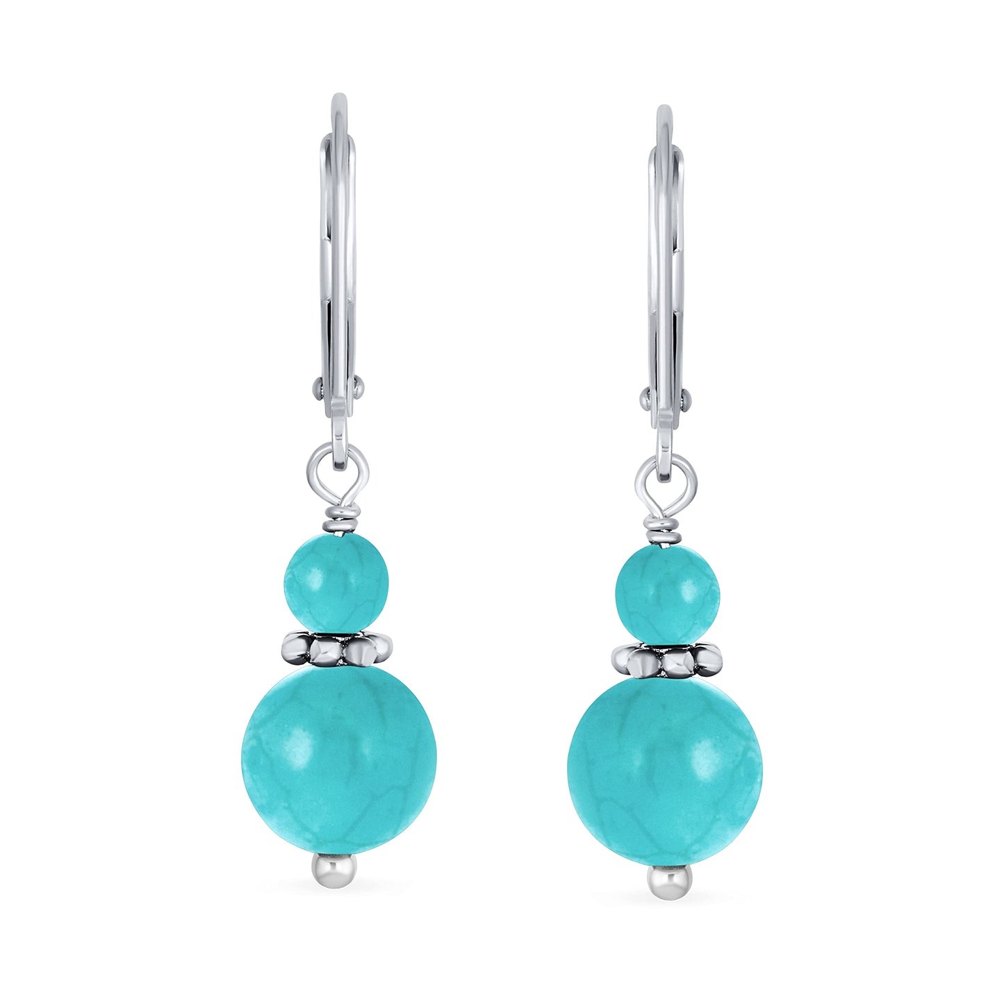 Bling Jewelry Bali Style .925 Sterling Silver Blue Turquoise Bead 3MM & 8mm Balls Drop Earrings Milgrain Rondel Separator Lever Back Genuine Gemstone