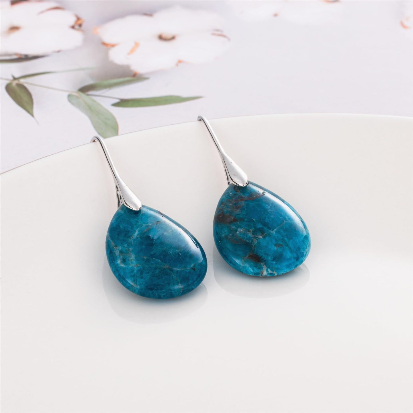 SELOVO Cyan Color Teardrop Stone Dangle Drop Fishhook Earrings Silver Tone