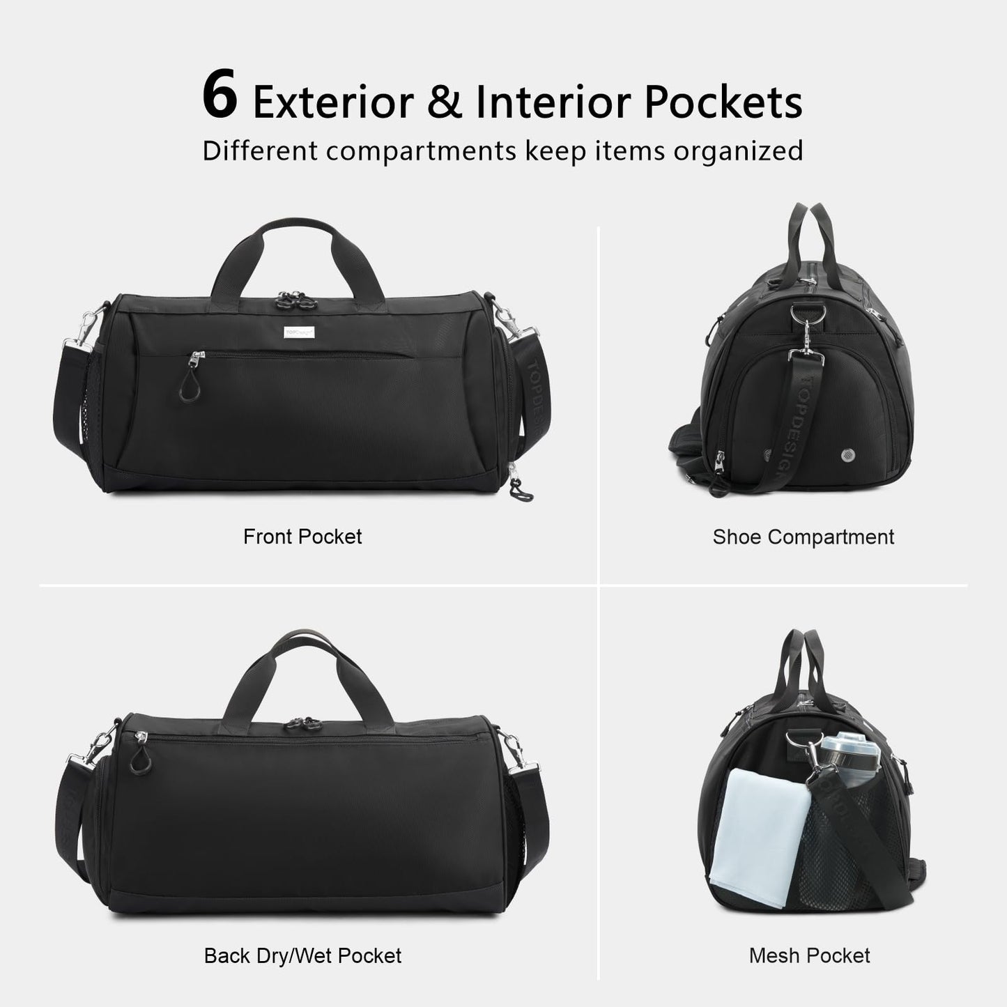 TOPDesign Gym Bag for Women & Men, Unisex Duffel Bag with Shoe Compartment & Wet Pocket for Travel Sports Gym (M Black)