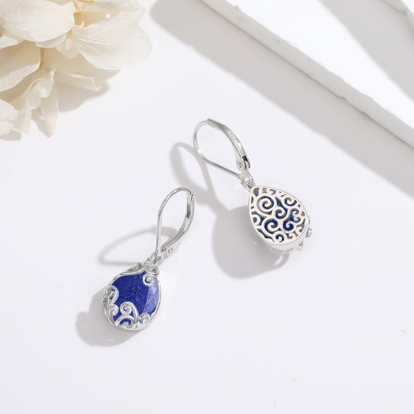 KoyeKei Lapis Lazuli Filigree Leverback Earrings for Women 925 Sterling Silver Lapis Lazuli Teardrop Dangle Drop Earrings Jewelry Filigree Graduation Birthday Gifts for Lover Girlfriend Her