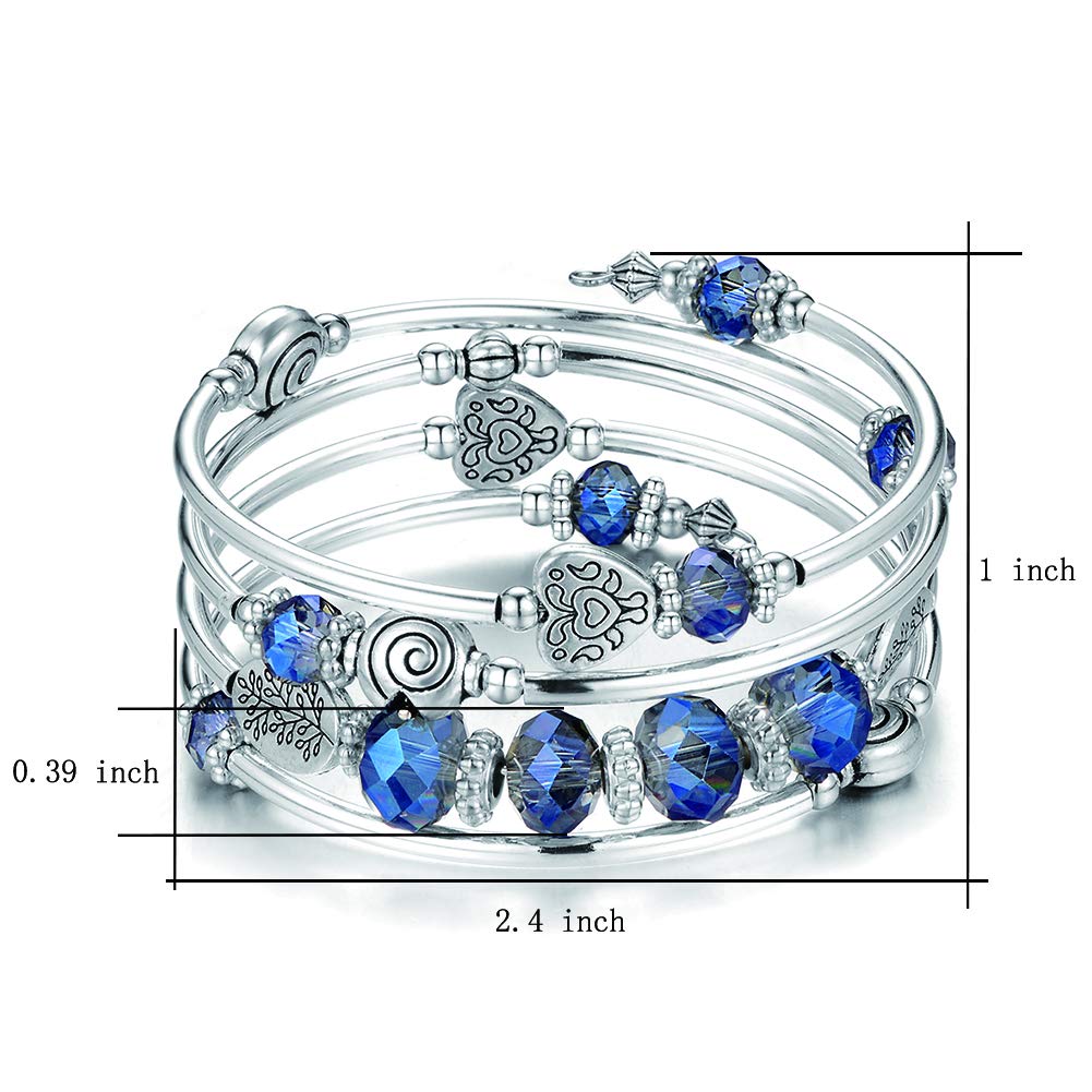 PEARL&CLUB Bead Crystal Wrap Bangle Bracelet - Fashion Jewelry Beaded Bracelet with Silver Metal, Gifts for Women(23-Transparent blue)