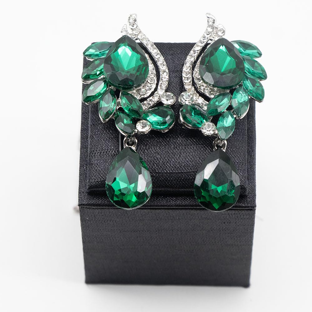 Qlavoca Elegant Crystal Jewelry Set for Women Teardrop Rhinestone Necklace and Dangle Earrings Set for Bridal Evening Prom Jewelry (Green)