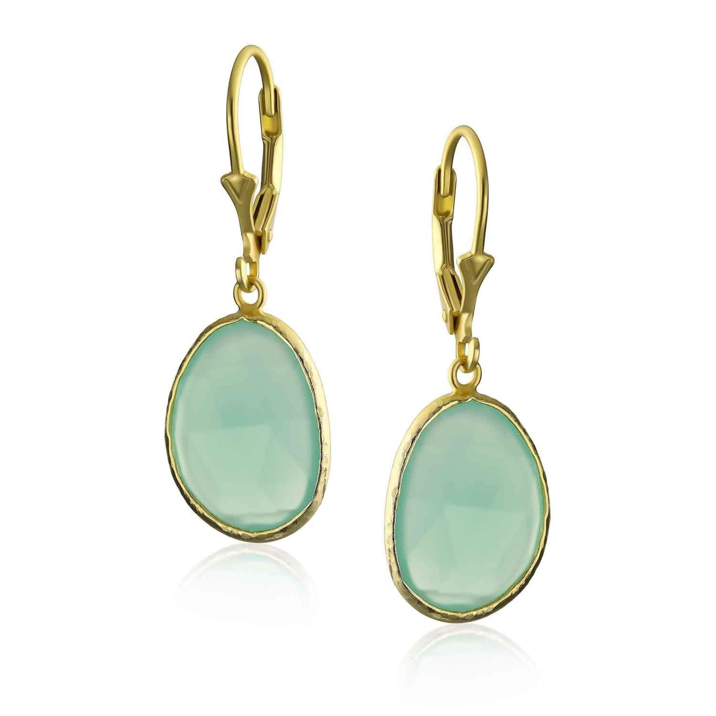 Bling Jewelry Elegant Oval Faceted Pastel Stone Dangle Bezel Set: Lever Back Earrings Mint Green Simulated Chalcedony 14K Gold-Plated .925 Sterling Silver