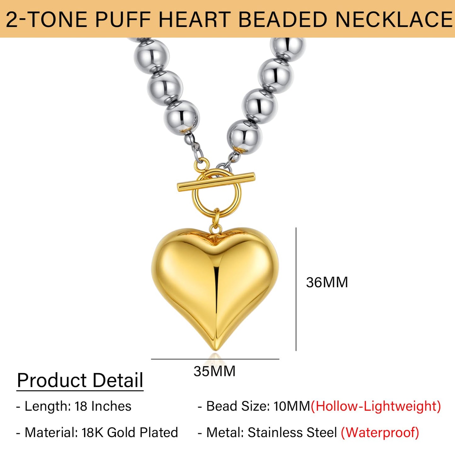 NUZON Chunky Puff Heart Pendant Necklace for Women 18K Gold Plated Large Heart and Silver-tone Beaded Chain Necklace 2-tone Stainless Steel Toggle Clasp Statement Jewelry 18''
