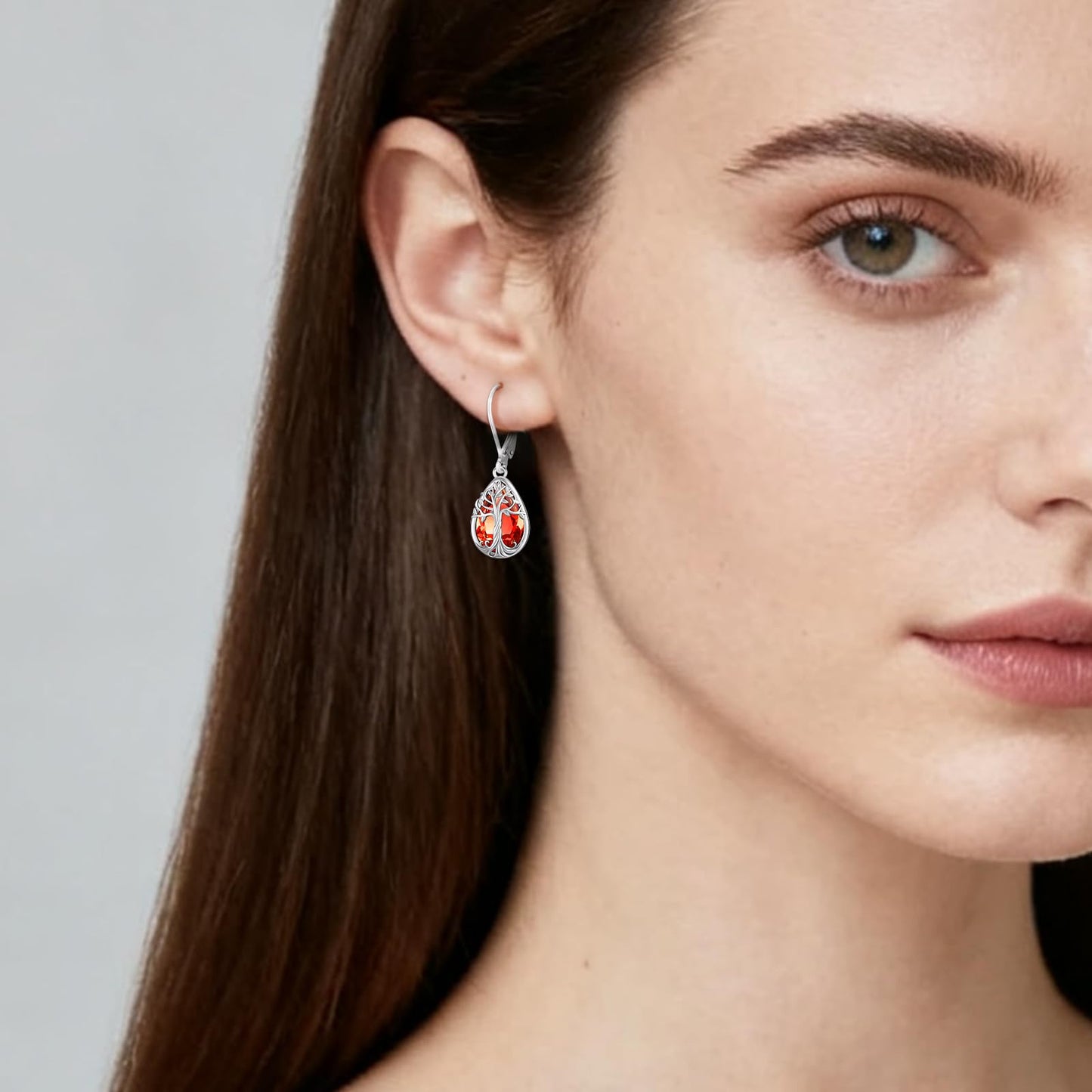 Eusense Sterling Silver Tree of Life Earrings with Ruby Red July Birthstone Jewelry Teardrop Dangle Leverback Earrings Tree of Life Jewelry Gift for Women