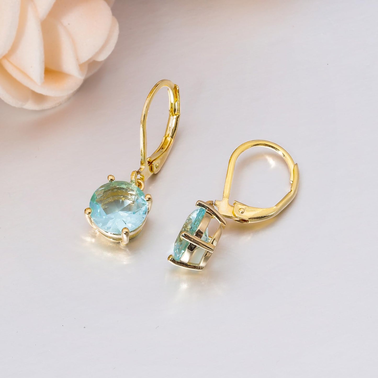 CiNily Gold Leverback Dangle Earrings 14K Gold Plated Light Blue Crystal Drop Earrings Summer Jewelry for Women 8 mm