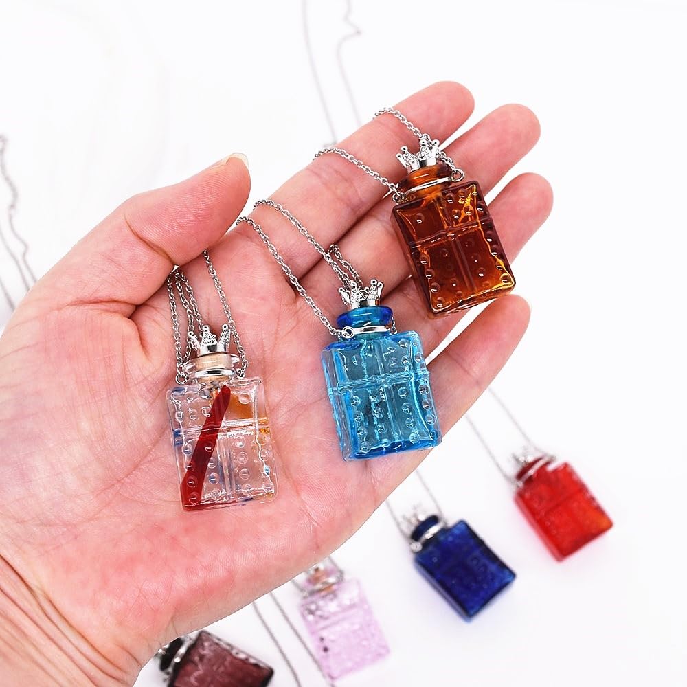 Handcrafted Glaze Glass Square Refillable Essential Oil Necklace Pendant - Aromatherapy Perfume Diffuser Pendant with Stainless Steel Chain (Brown)