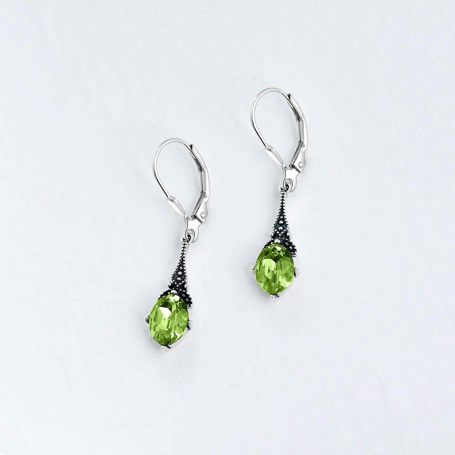 Peridot August Vintage Leverback Earrings Sterling Silver Retro Drop Earrings with Oval Simulated Birthstone Crystal from Austria, Birthday Jewelry Gifts for Women